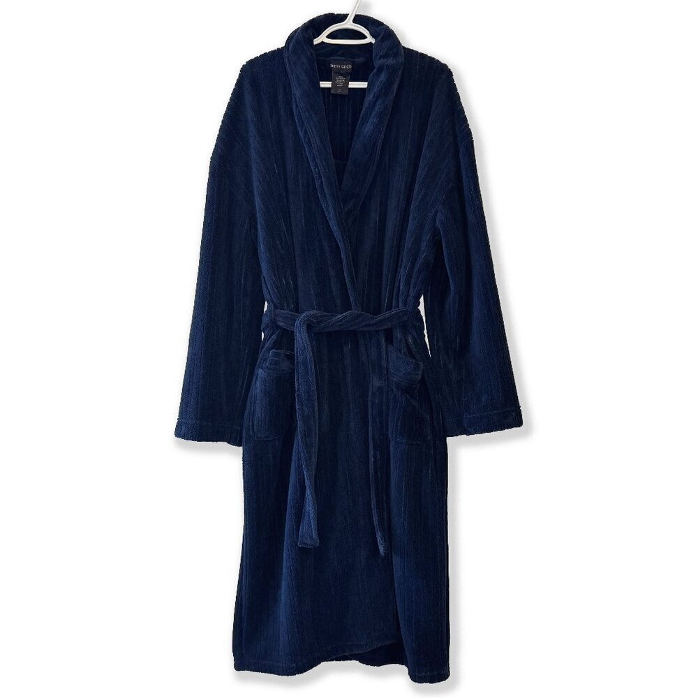 Vintage 90s Pierre Cardin Paris Blue Textured Velvet Plush Robe Valentine Gift